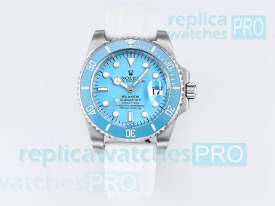 New Copy Rolex Blaken Submariner Turquoise Men Watch White Rubber Strap